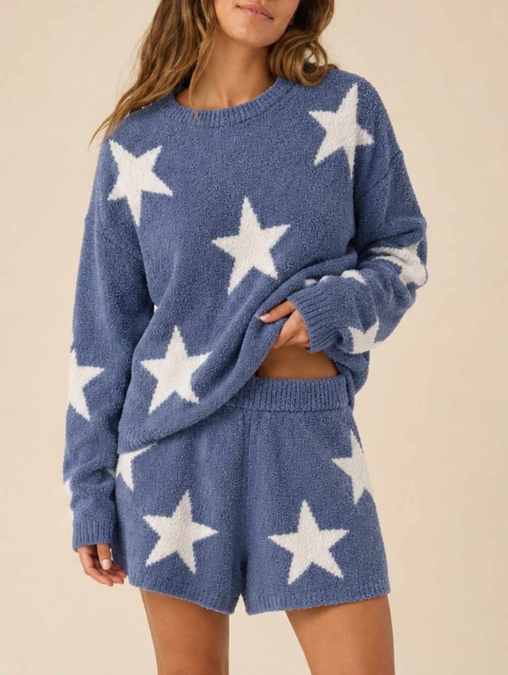 Sincerely Jules Blue Starry Night Fuzzy Knit Lounge Sweater Set Small Pajamas